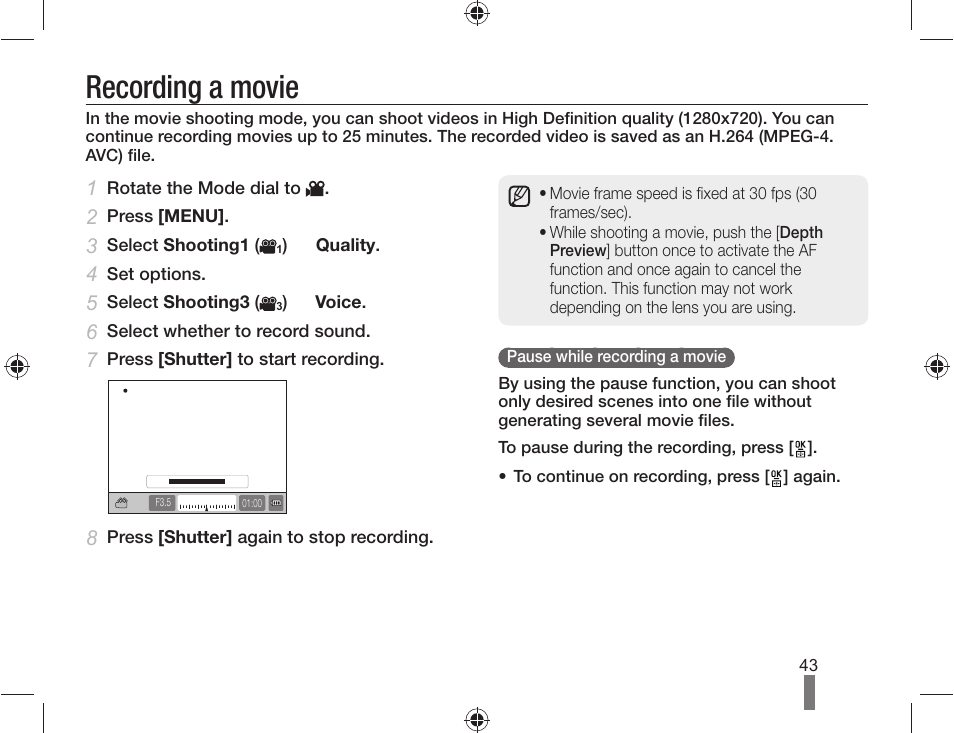 Recording a movie | Samsung ES-NX10ZZSEB User Manual | Page 43 / 100