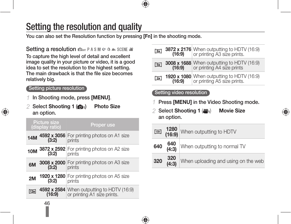 Setting the resolution and quality | Samsung ES-NX10ZZSEB User Manual | Page 46 / 100