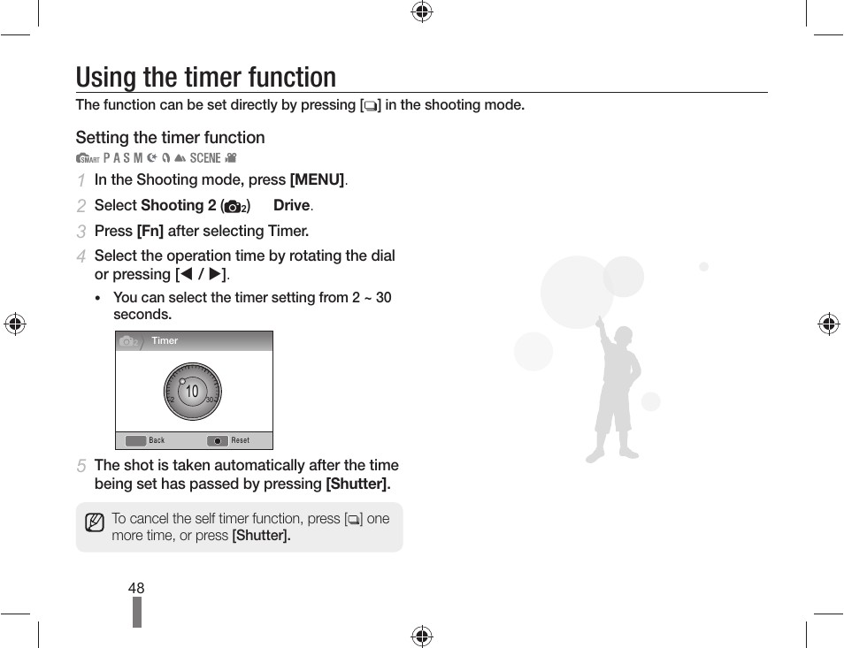 Using the timer function | Samsung ES-NX10ZZSEB User Manual | Page 48 / 100