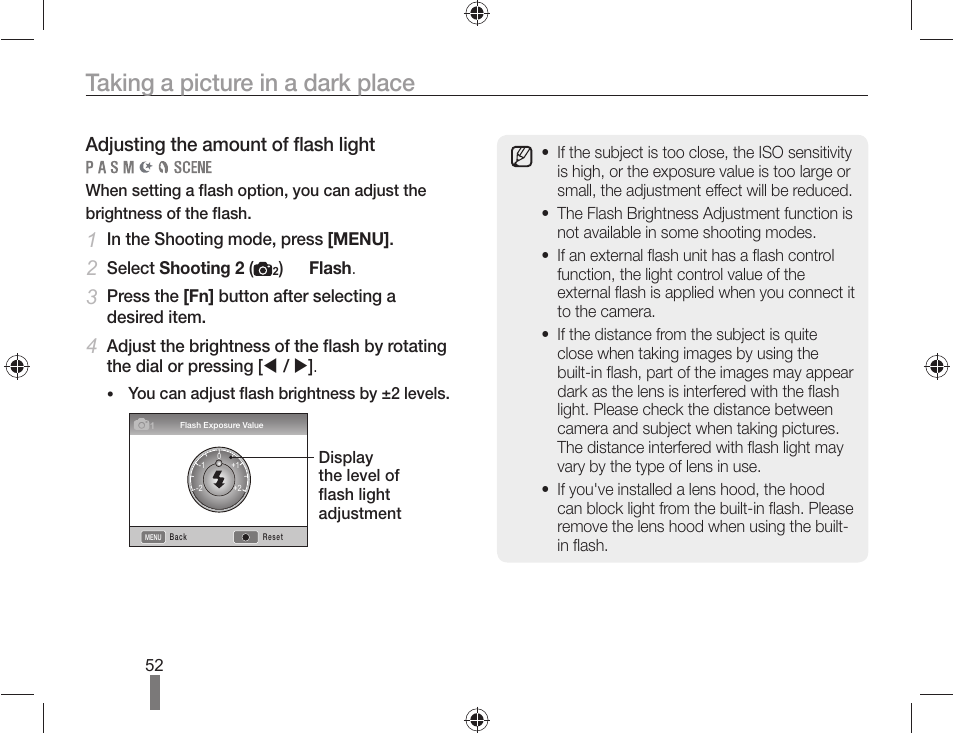 Taking a picture in a dark place, Adjusting the amount of flash light | Samsung ES-NX10ZZSEB User Manual | Page 52 / 100