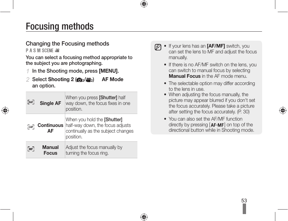 Focusing methods | Samsung ES-NX10ZZSEB User Manual | Page 53 / 100