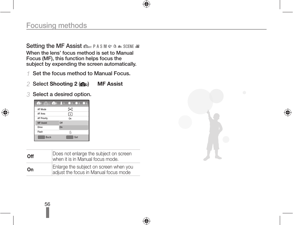 Focusing methods, Setting the mf assist, Set the focus method to manual focus | Select shooting 2, Mf assist, Select a desired option | Samsung ES-NX10ZZSEB User Manual | Page 56 / 100