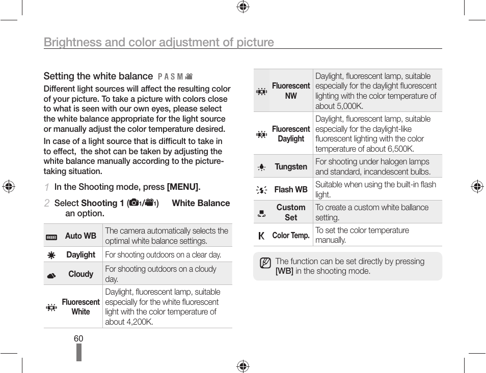 Brightness and color adjustment of picture | Samsung ES-NX10ZZSEB User Manual | Page 60 / 100