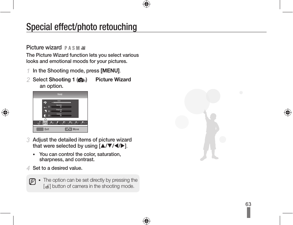 Special effect/photo retouching, Picture wizard, Select shooting 1 | Picture wizard → an option | Samsung ES-NX10ZZSEB User Manual | Page 63 / 100