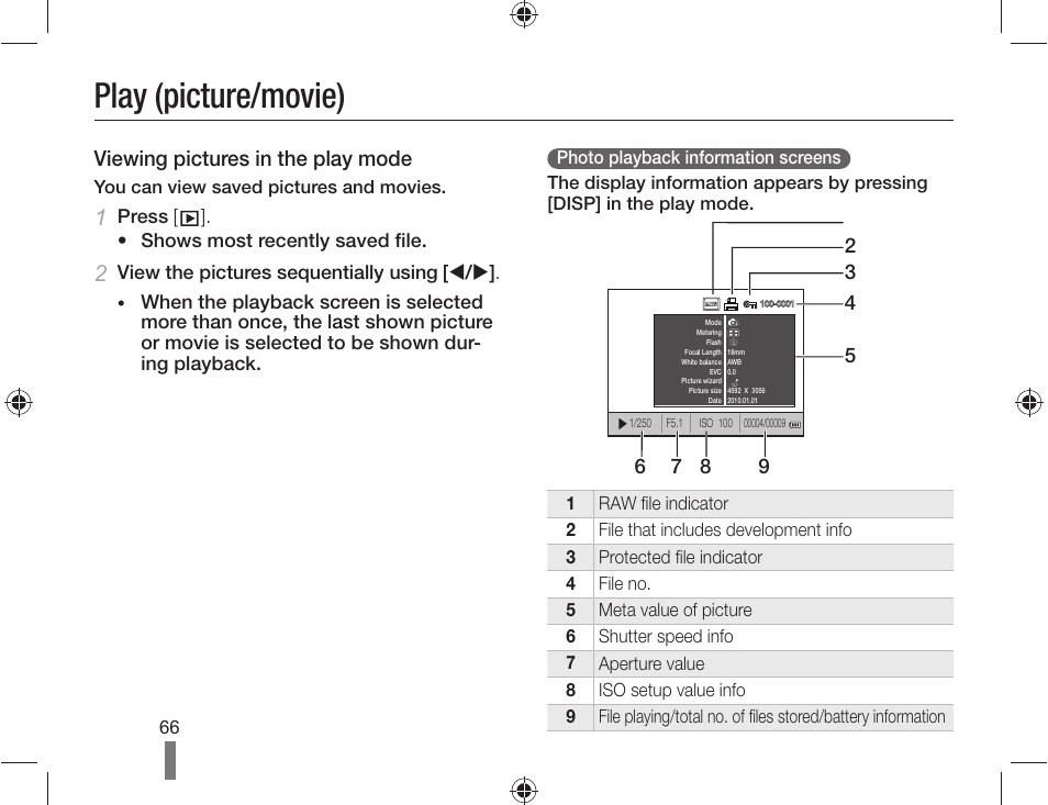 Play (picture/movie), Viewing pictures in the play mode | Samsung ES-NX10ZZSEB User Manual | Page 66 / 100