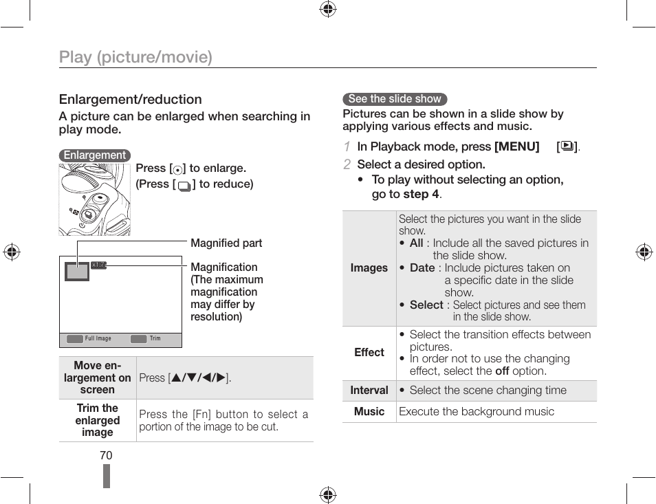 Play (picture/movie), Enlargement/reduction | Samsung ES-NX10ZZSEB User Manual | Page 70 / 100