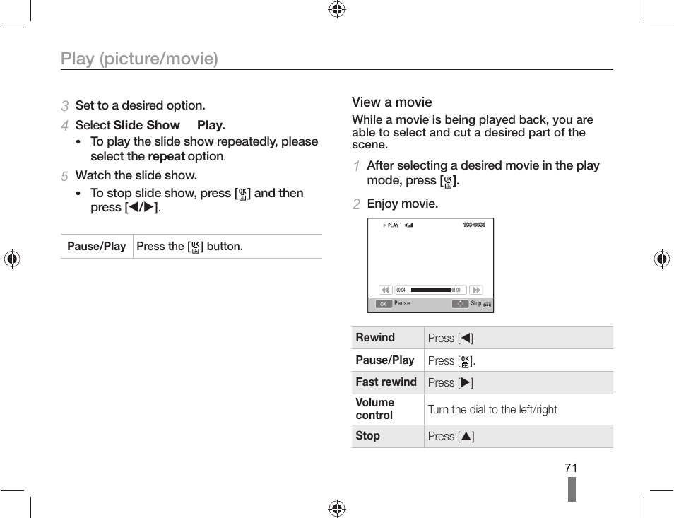Play (picture/movie), View a movie | Samsung ES-NX10ZZSEB User Manual | Page 71 / 100