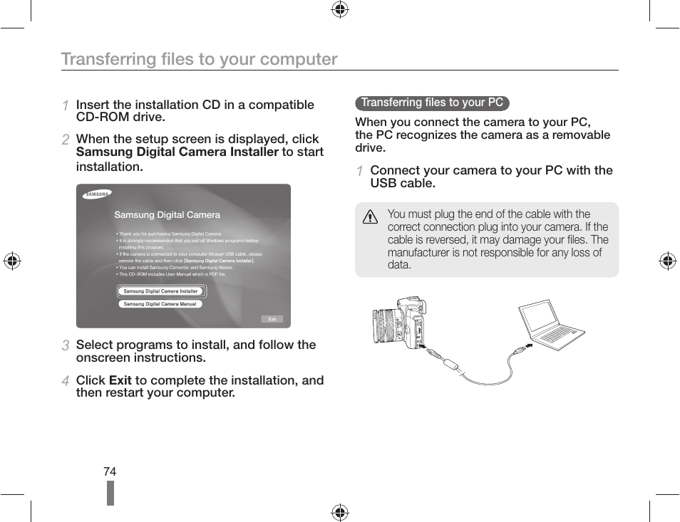 Transferring files to your computer | Samsung ES-NX10ZZSEB User Manual | Page 74 / 100