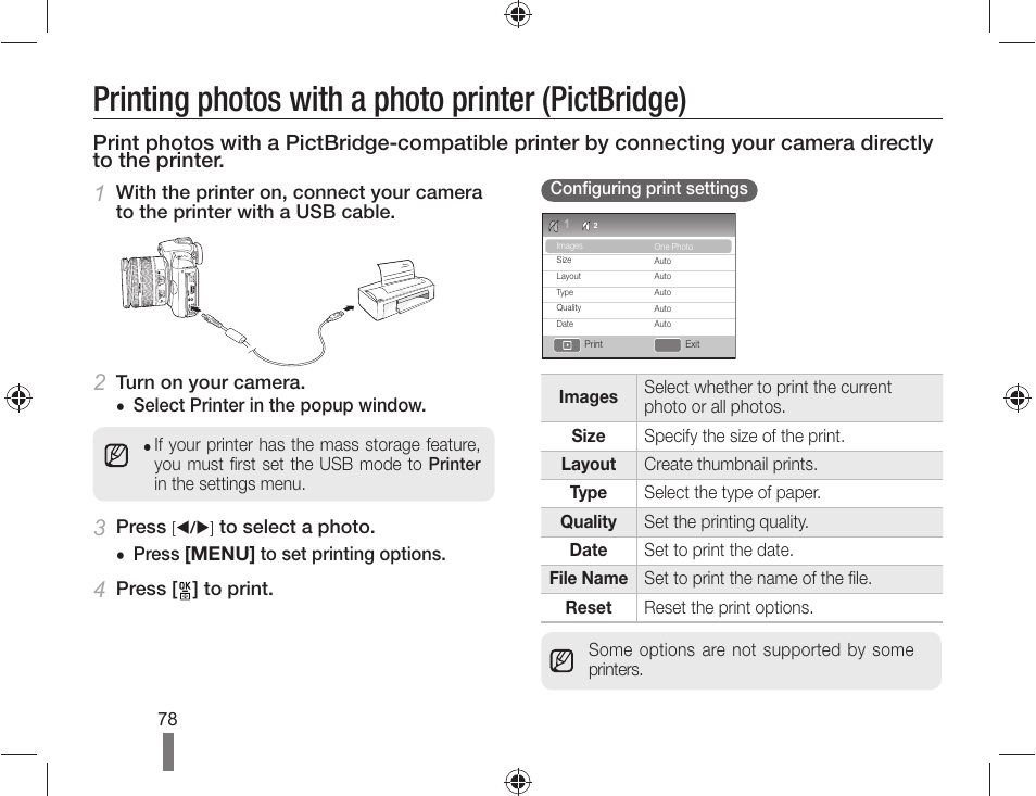 Printing photos with a photo printer (pictbridge) | Samsung ES-NX10ZZSEB User Manual | Page 78 / 100