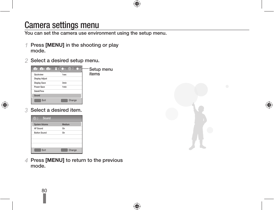Camera settings menu, Press [menu] in the shooting or play mode, Select a desired setup menu | Select a desired item, Press [menu] to return to the previous mode, Setup menu items | Samsung ES-NX10ZZSEB User Manual | Page 80 / 100
