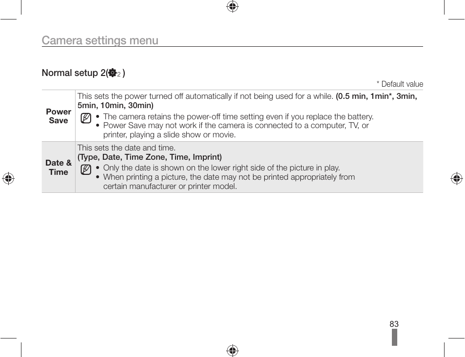 Camera settings menu | Samsung ES-NX10ZZSEB User Manual | Page 83 / 100