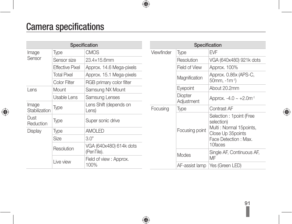 Camera specifications | Samsung ES-NX10ZZSEB User Manual | Page 91 / 100