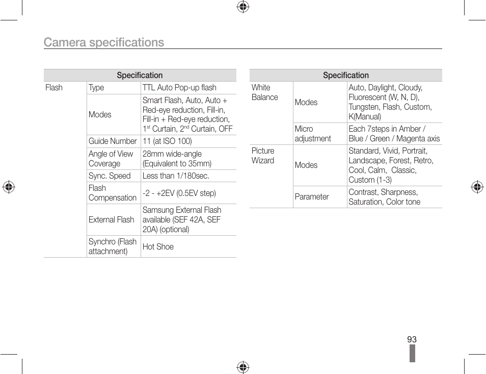 Camera specifications | Samsung ES-NX10ZZSEB User Manual | Page 93 / 100