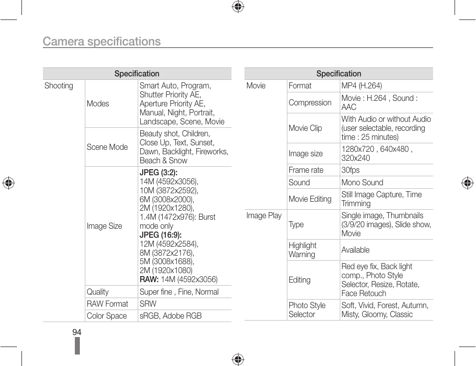 Camera specifications | Samsung ES-NX10ZZSEB User Manual | Page 94 / 100