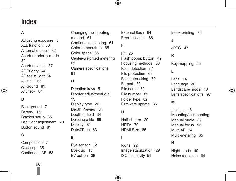 Index | Samsung ES-NX10ZZSEB User Manual | Page 98 / 100