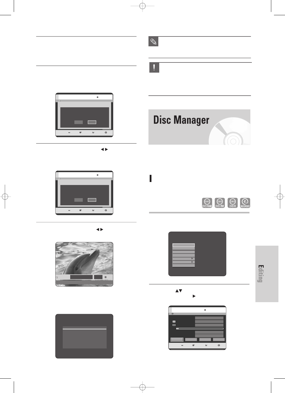Disc manager, Editing, English - 103 | Editing the disc name, Mp3/jpeg/divx file copy is not supported, Follow these instructions to give a name to a disc | Samsung DVD-TR520-XAA User Manual | Page 103 / 115