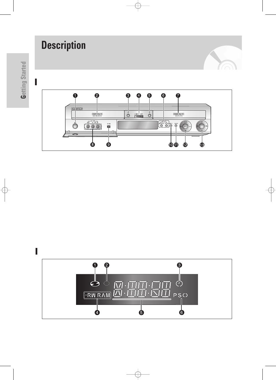 Description, Getting started, 14 - english front panel | Front panel display | Samsung DVD-TR520-XAA User Manual | Page 14 / 115