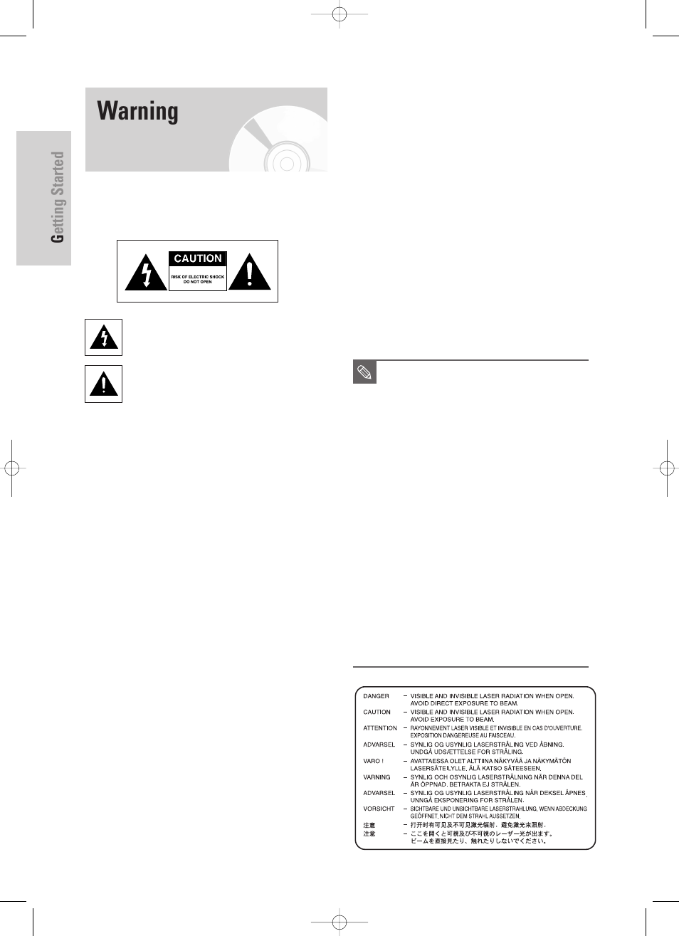 Warning, Getting started, 2 - english | Samsung DVD-TR520-XAA User Manual | Page 2 / 115