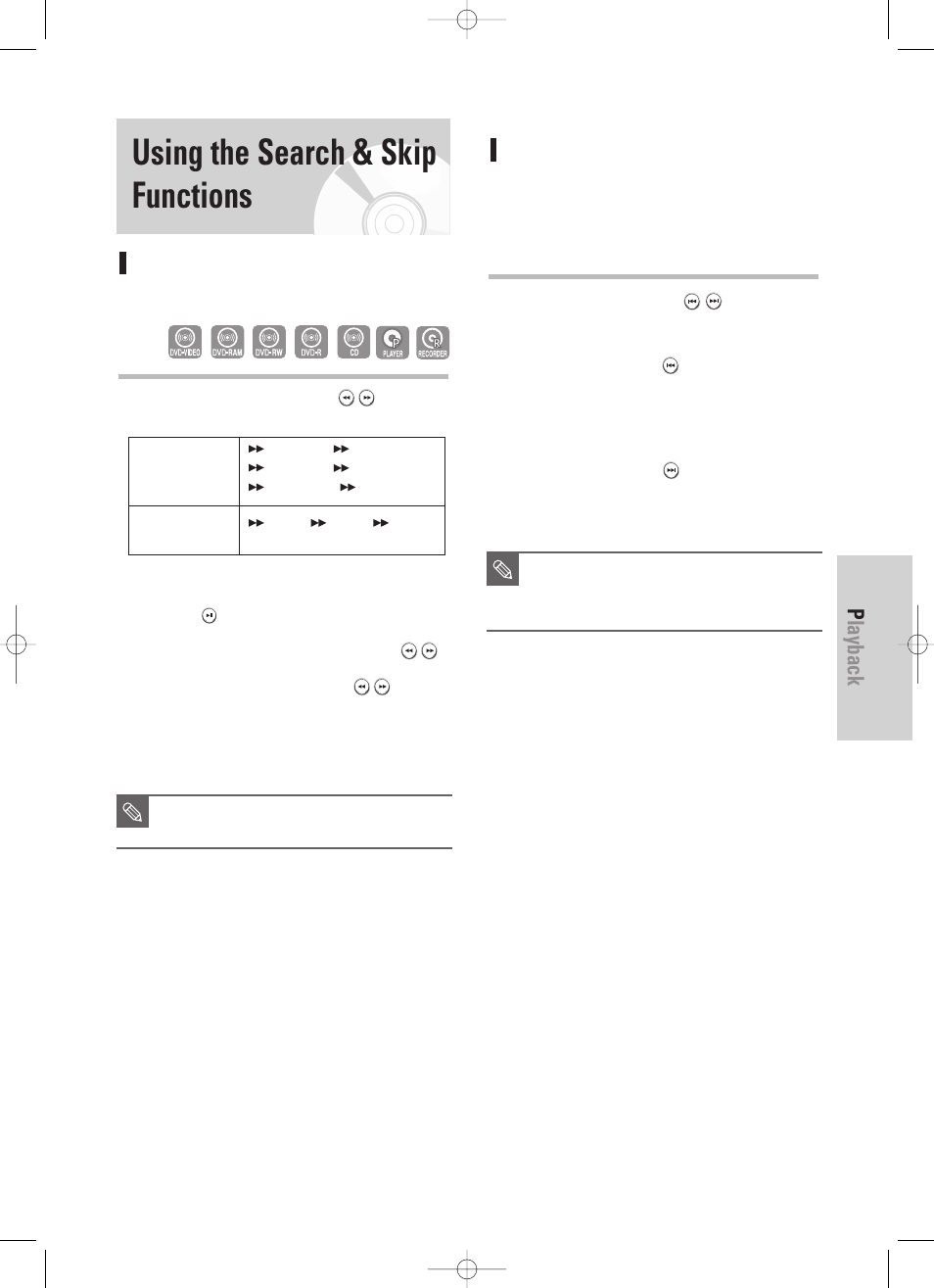 Using the search & skip functions, Playback, English - 45 | Skipping chapters, a tracks or markers, Searching through a chapter or track | Samsung DVD-TR520-XAA User Manual | Page 45 / 115