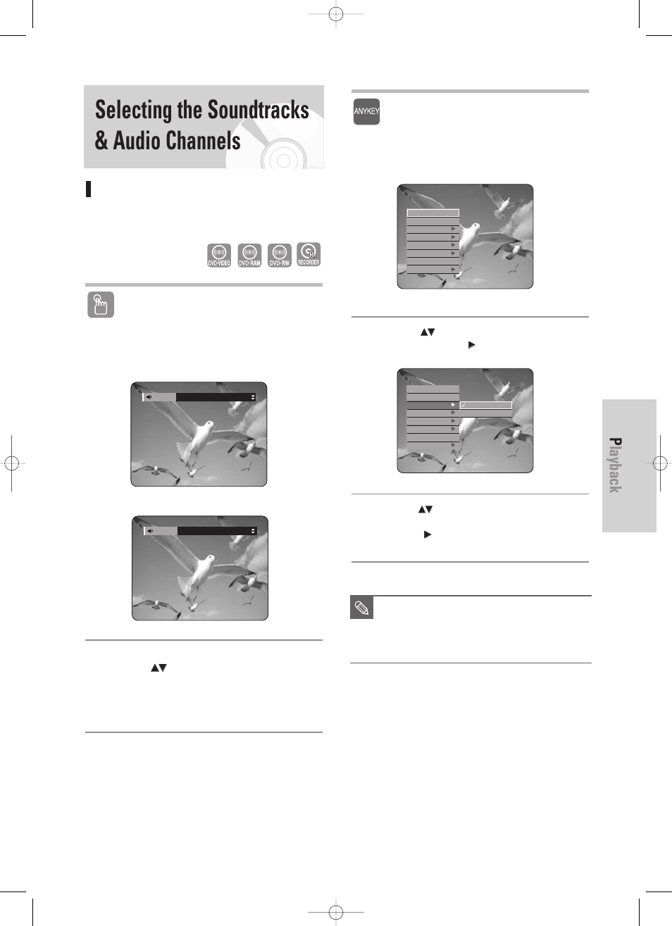 Selecting the soundtracks & audio channels, Playback, English - 57 | Selecting the audio, Using the audio button, Using the anykey button | Samsung DVD-TR520-XAA User Manual | Page 57 / 115