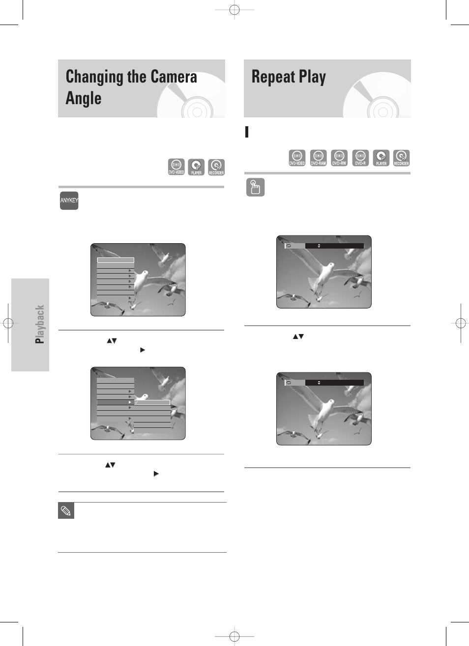 Changing the camera angle, Repeat play, Playback | 58 - english, Playing repeatedly(repeat playback), Using the anykey button, Using the repeat button | Samsung DVD-TR520-XAA User Manual | Page 58 / 115