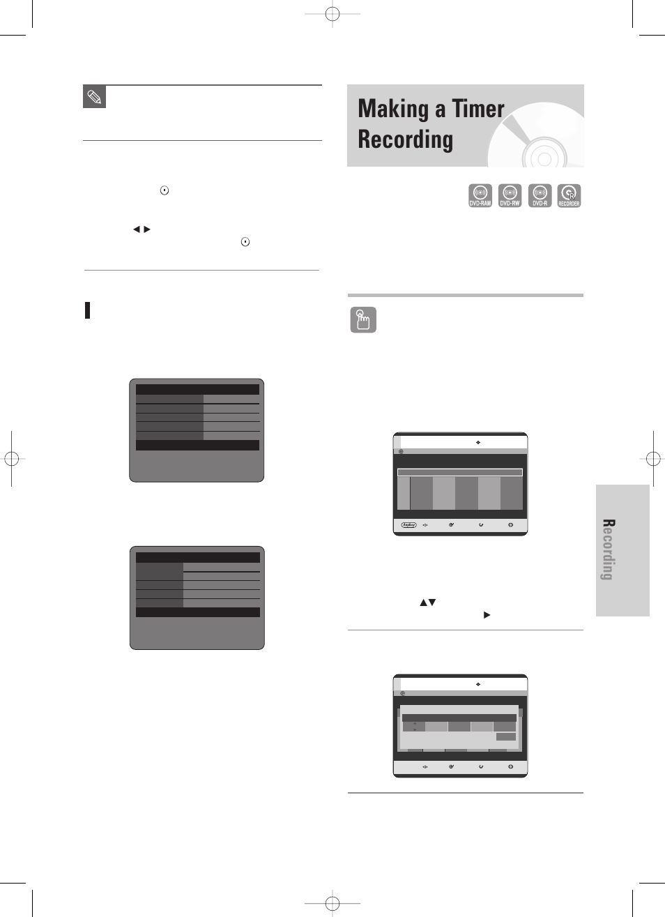 Making a timer recording, Recording, English - 77 | About info button, Using the timer button, Using the menu button | Samsung DVD-TR520-XAA User Manual | Page 77 / 115