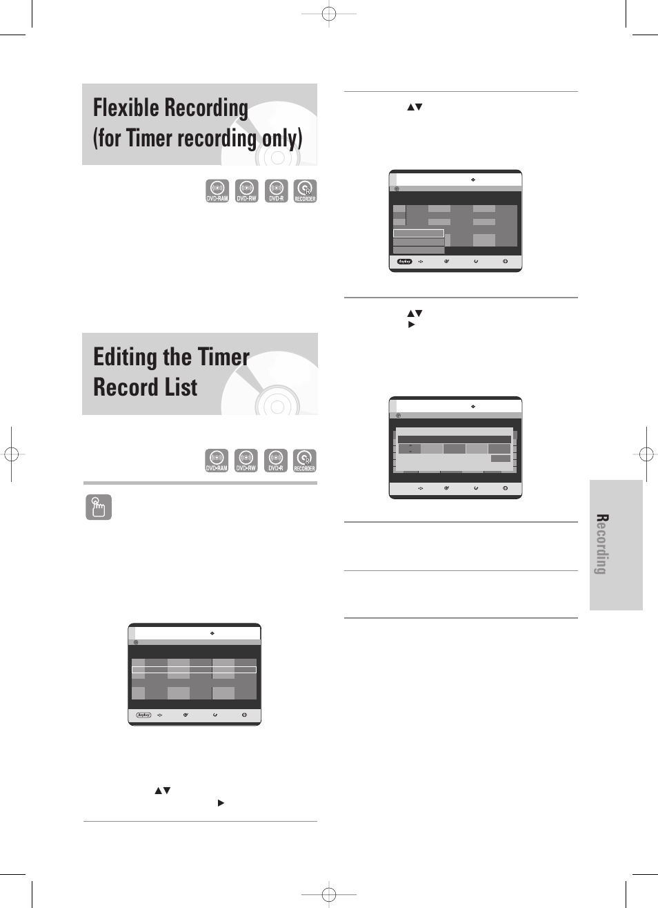 Flexible recording(for timer recording only), Editing the timer record list, Flexible recording (for timer recording only) | Recording, English - 79, Using the timer button, Using the menu button | Samsung DVD-TR520-XAA User Manual | Page 79 / 115