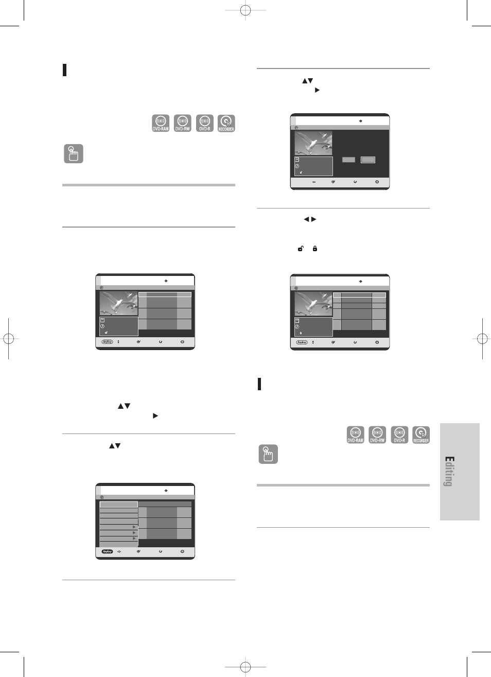 Editing, English - 83, Locking (protecting) a title | Deleting a title, Using the title list button, Using the menu button | Samsung DVD-TR520-XAA User Manual | Page 83 / 115