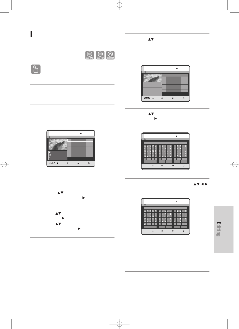 Editing, English - 89, Renaming a playlist entry | Using the play list button, Using the menu button, Vr mode) | Samsung DVD-TR520-XAA User Manual | Page 89 / 115