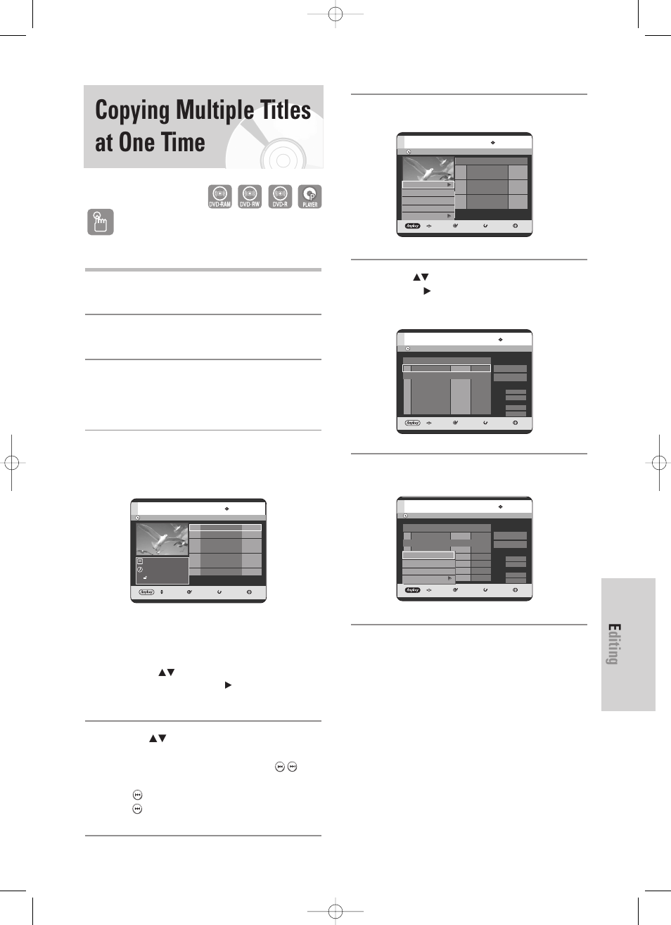 Copying multiple titles at one time, Editing, English - 99 | Using the title list button, Using the menu button, Enter or | Samsung DVD-TR520-XAA User Manual | Page 99 / 115
