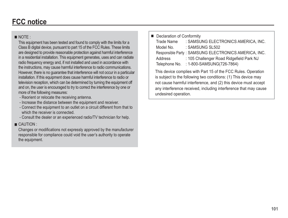 Fcc notice | Samsung EC-SL502ZBPBUS User Manual | Page 102 / 103