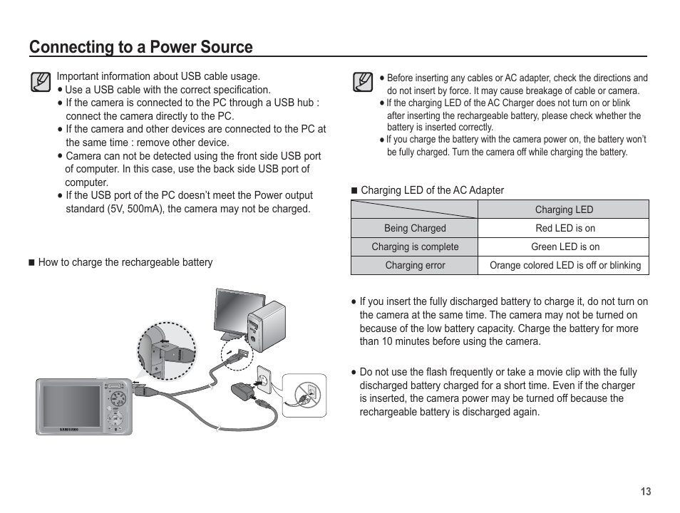 Connecting to a power source | Samsung EC-SL502ZBPBUS User Manual | Page 14 / 103