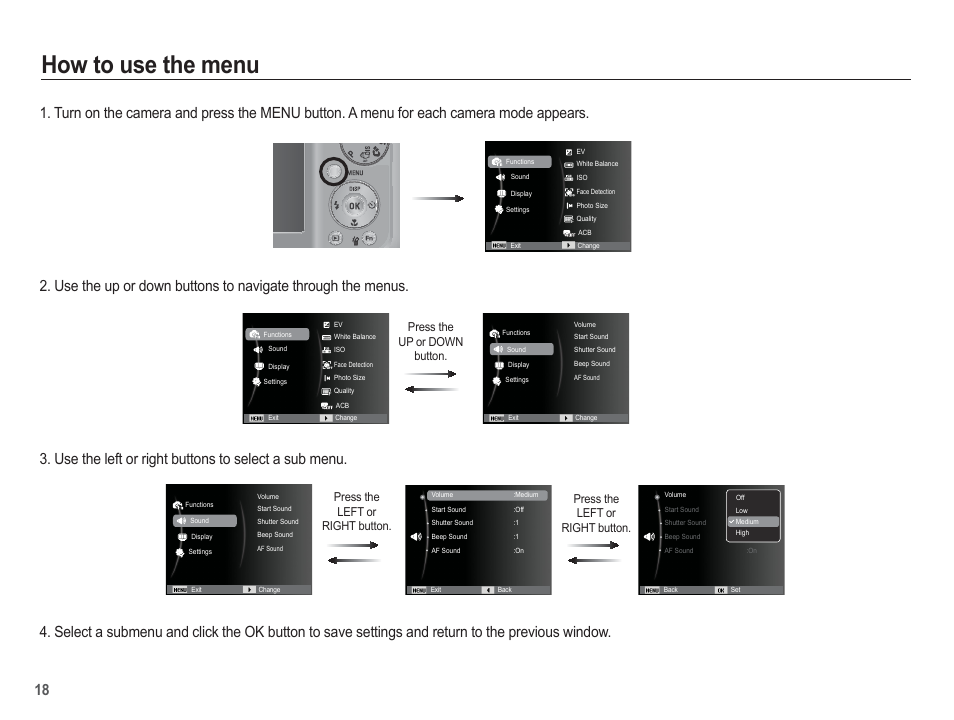 How to use the menu, Press the up or down button | Samsung EC-SL502ZBPBUS User Manual | Page 19 / 103