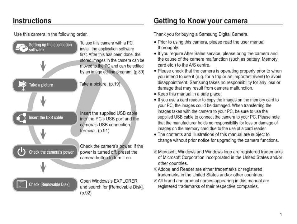 Getting to know your camera, Instructions | Samsung EC-SL502ZBPBUS User Manual | Page 2 / 103