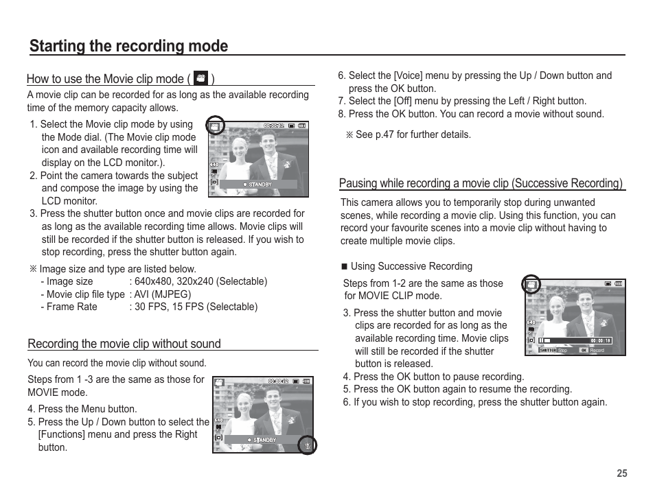 Starting the recording mode | Samsung EC-SL502ZBPBUS User Manual | Page 26 / 103
