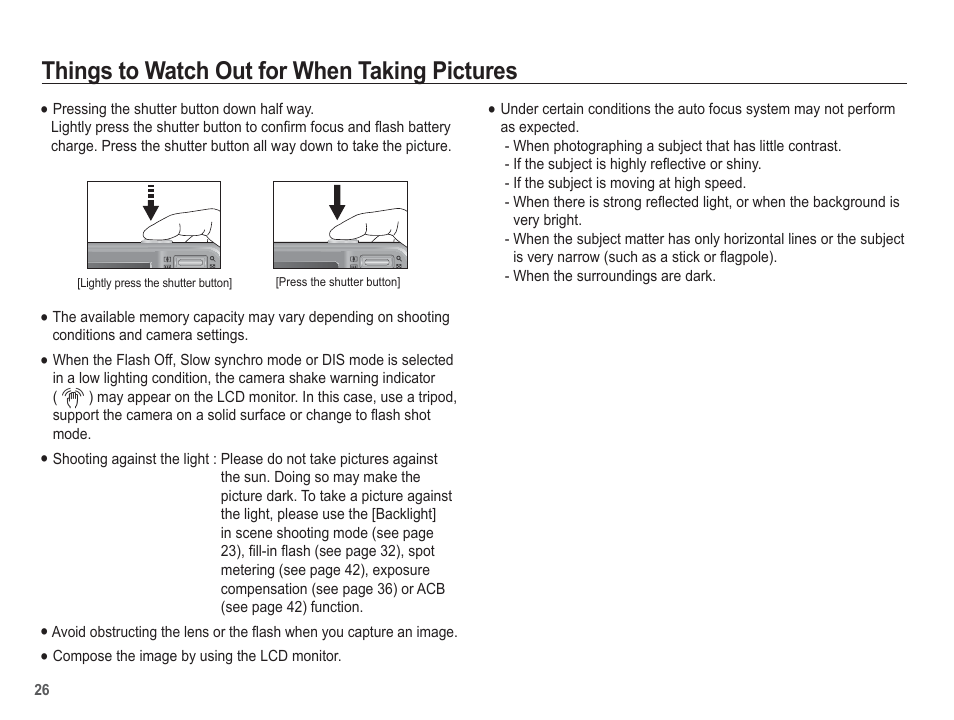 Things to watch out for when taking pictures | Samsung EC-SL502ZBPBUS User Manual | Page 27 / 103