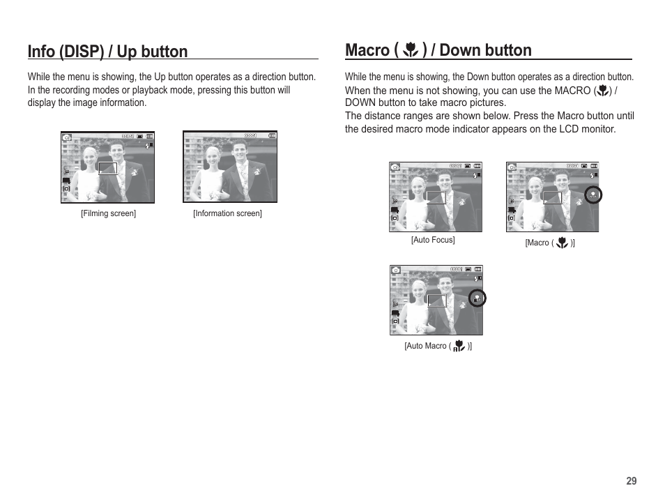 Macro ( ) / down button, Info (disp) / up button | Samsung EC-SL502ZBPBUS User Manual | Page 30 / 103