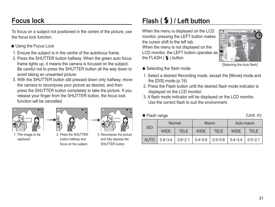Focus lock, Flash ( ) / left button | Samsung EC-SL502ZBPBUS User Manual | Page 32 / 103