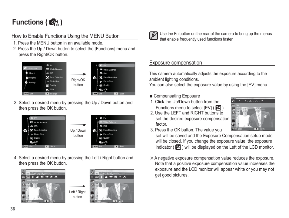 Functions ( ), Exposure compensation, How to enable functions using the menu button | Samsung EC-SL502ZBPBUS User Manual | Page 37 / 103