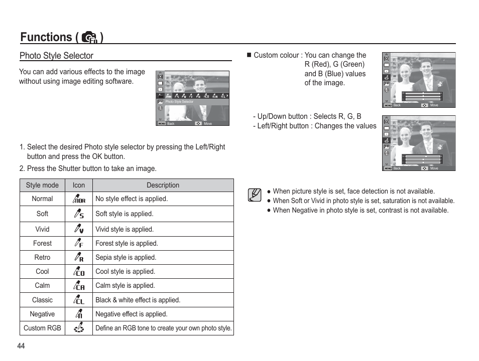 Functions ( ), Photo style selector | Samsung EC-SL502ZBPBUS User Manual | Page 45 / 103