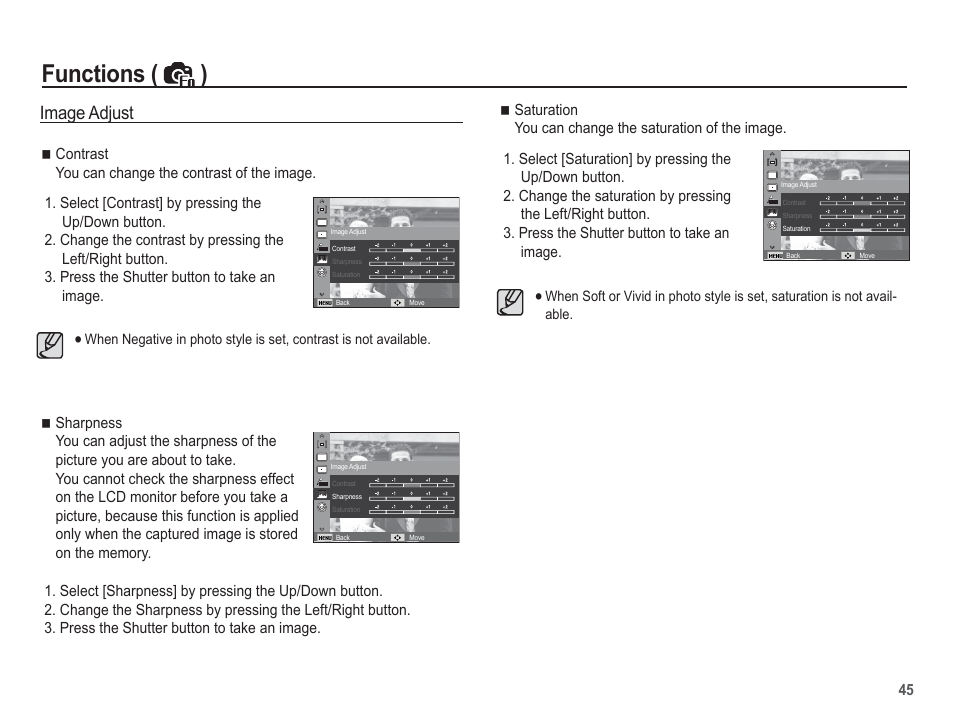 Functions ( ), Image adjust | Samsung EC-SL502ZBPBUS User Manual | Page 46 / 103