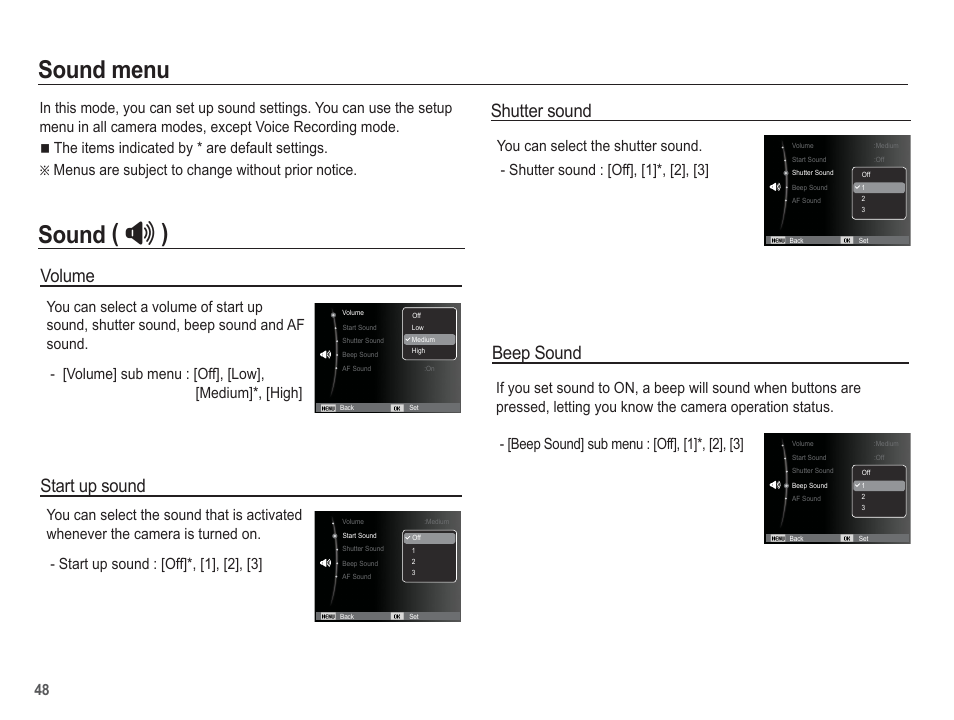 Sound menu, Sound, Volume | Start up sound, Shutter sound, Beep sound | Samsung EC-SL502ZBPBUS User Manual | Page 49 / 103
