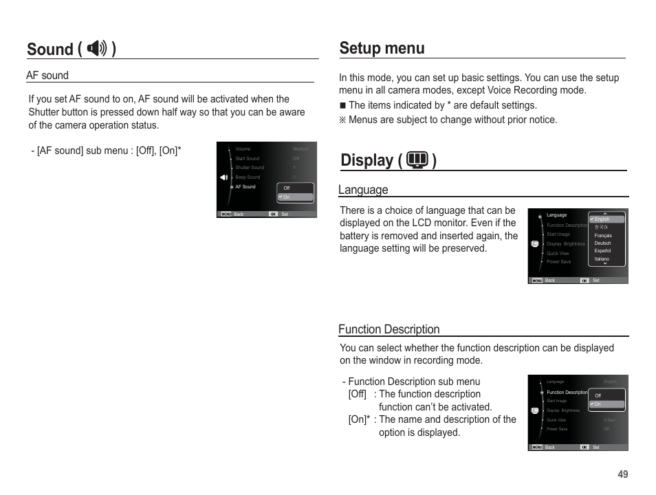 Setup menu, Display ( ) sound, Language | Function description, Af sound | Samsung EC-SL502ZBPBUS User Manual | Page 50 / 103
