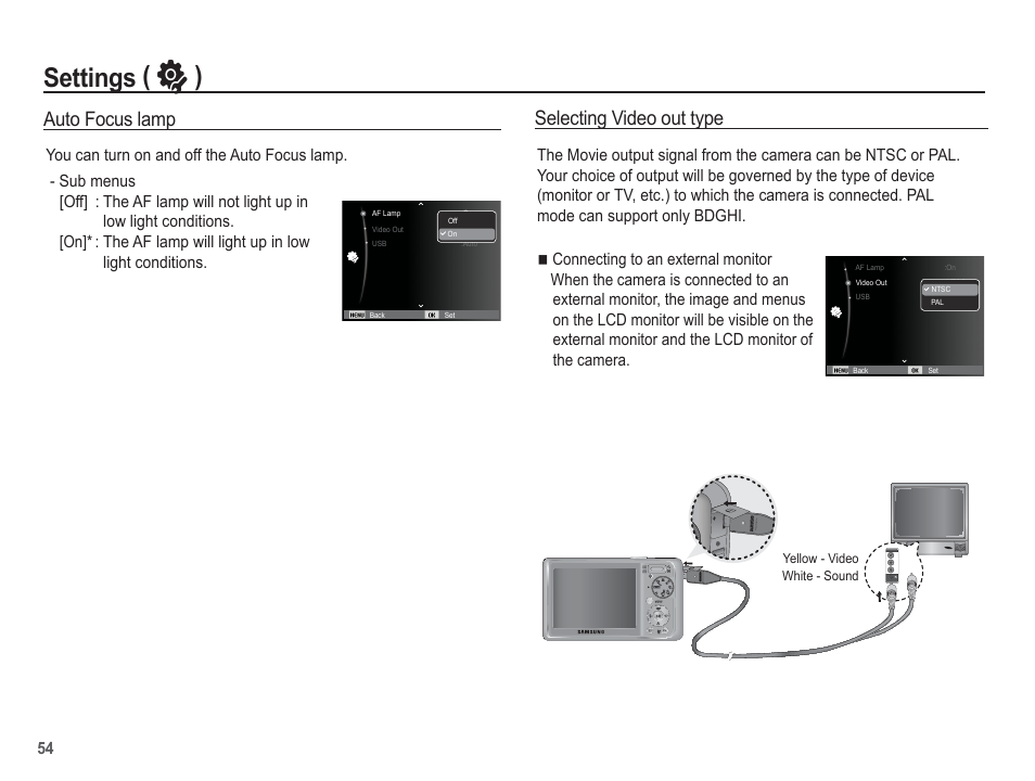 Settings ( ” ), Selecting video out type, Auto focus lamp | Samsung EC-SL502ZBPBUS User Manual | Page 55 / 103