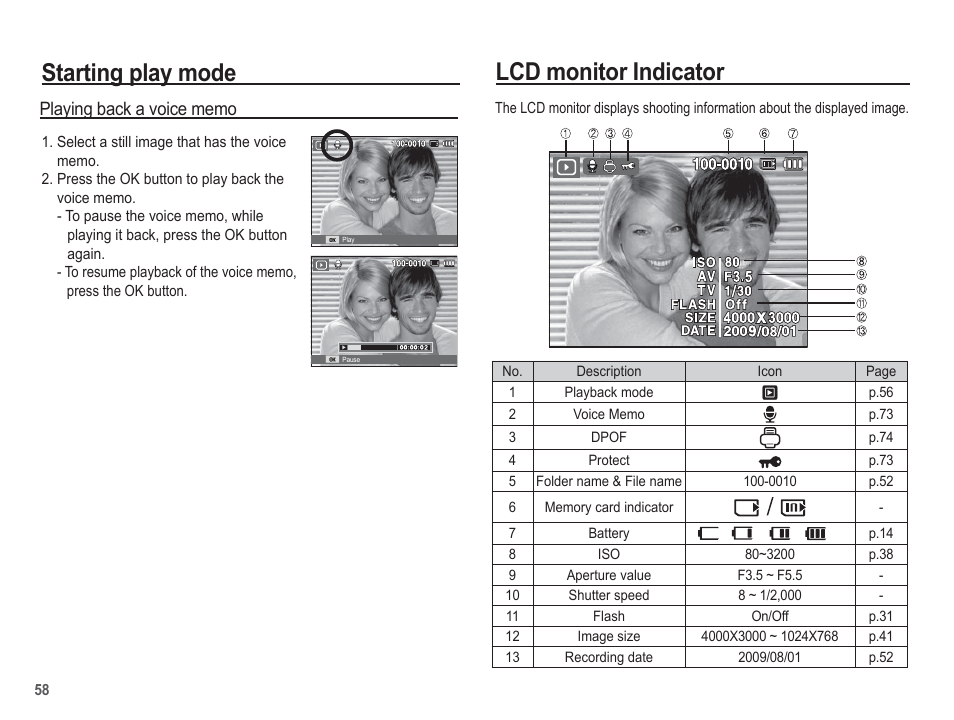 Lcd monitor indicator, Starting play mode | Samsung EC-SL502ZBPBUS User Manual | Page 59 / 103