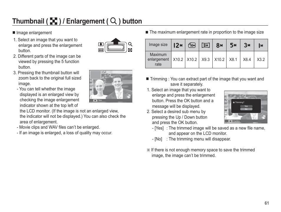 Thumbnail ( º ) / enlargement ( í ) button | Samsung EC-SL502ZBPBUS User Manual | Page 62 / 103