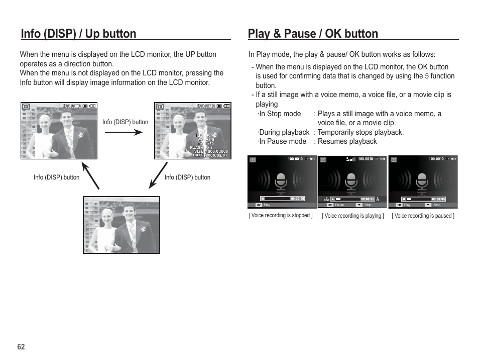 Play & pause / ok button, Info (disp) / up button | Samsung EC-SL502ZBPBUS User Manual | Page 63 / 103