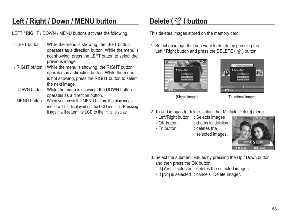 Delete ( õ ) button, Left / right / down / menu button | Samsung EC-SL502ZBPBUS User Manual | Page 64 / 103