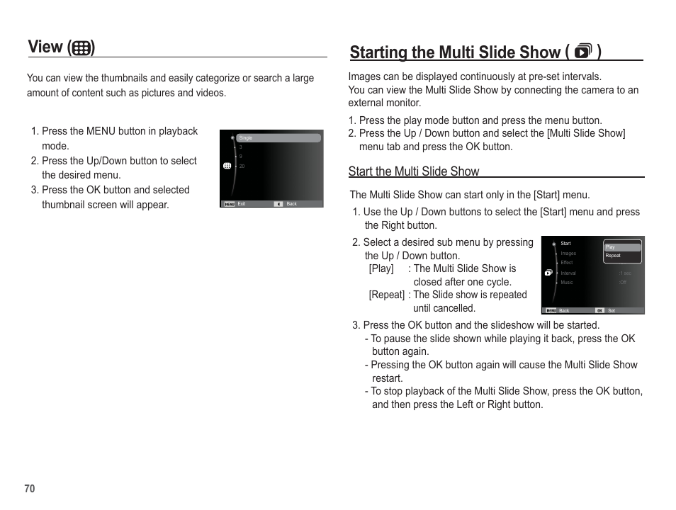 Starting the multi slide show (  ), View ( ), Start the multi slide show | Samsung EC-SL502ZBPBUS User Manual | Page 71 / 103