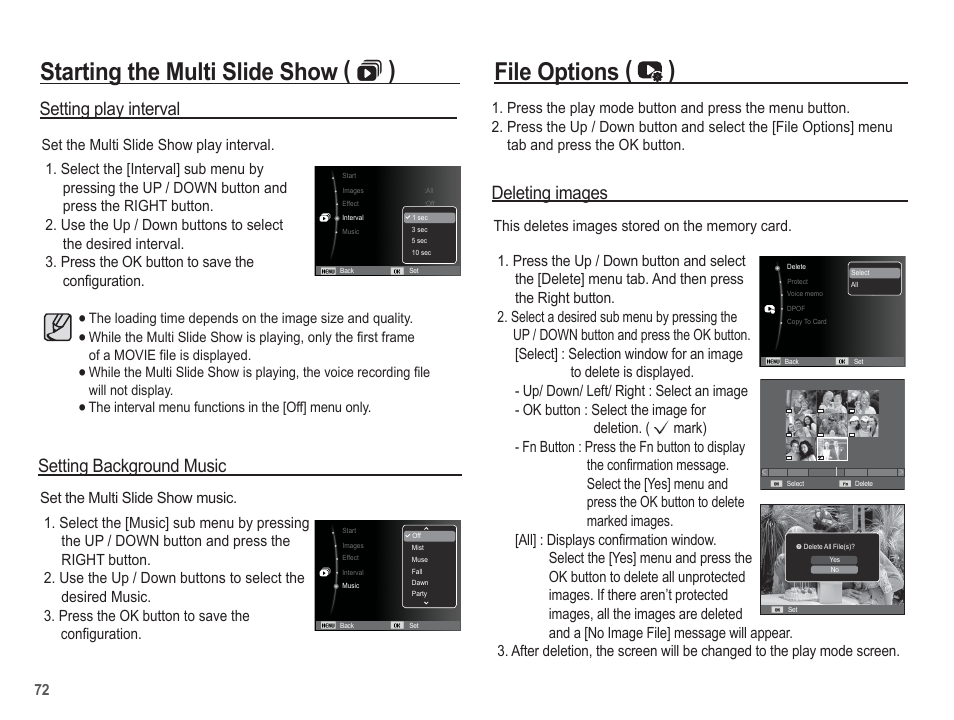 Starting the multi slide show (  ), File options ( ), Setting background music | Deleting images, Setting play interval | Samsung EC-SL502ZBPBUS User Manual | Page 73 / 103